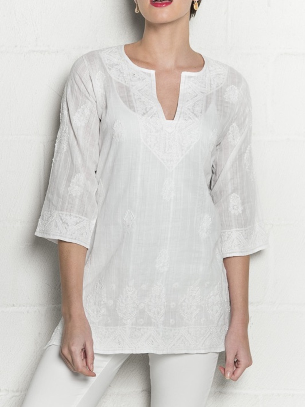 Amaya White Cotton Embroidered Tunic Size 38 Bohemian
